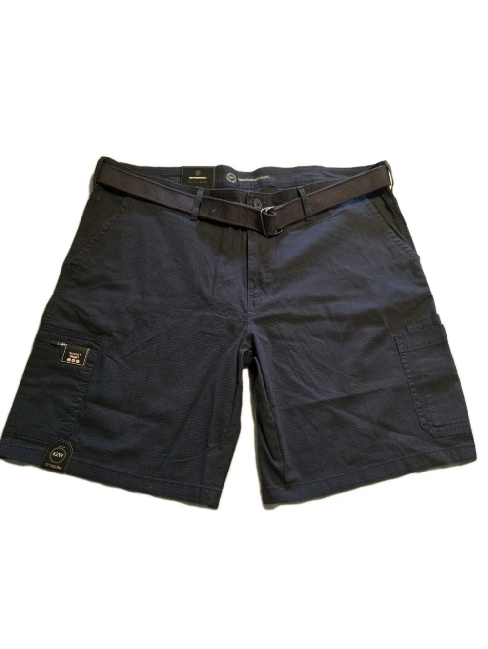 New Men's Weatherproof Belted Security Pocket Utility Shorts Navy Blue 42 10"